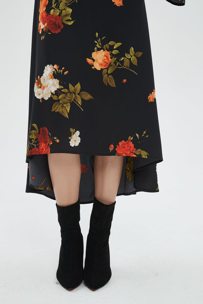 SILKY FIT AND FLARE DRESS - BLACK FLORAL