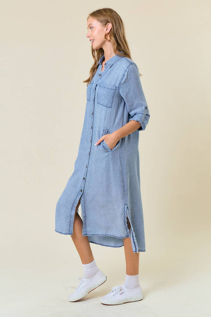 LONG SLEEVE FRAYED TENCEL DENIM SHIRT MIDI DRESS