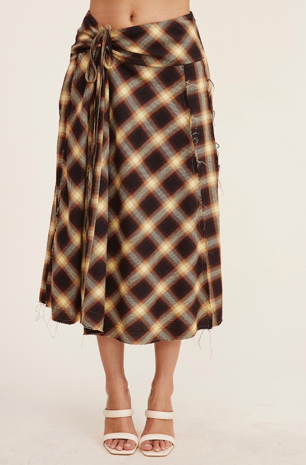 WAIST KNOT PLAID MIDI SKIRT