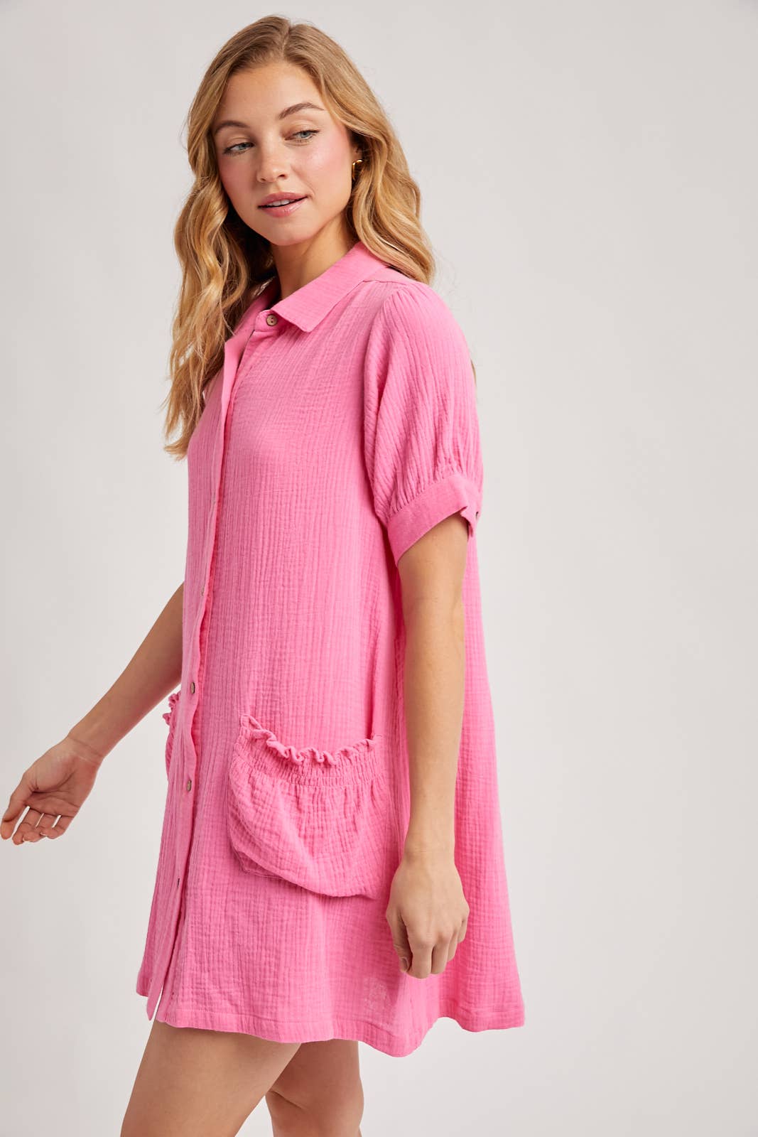 RUFFLED POCKET BUTTON DOWN SHIRT DRESS
