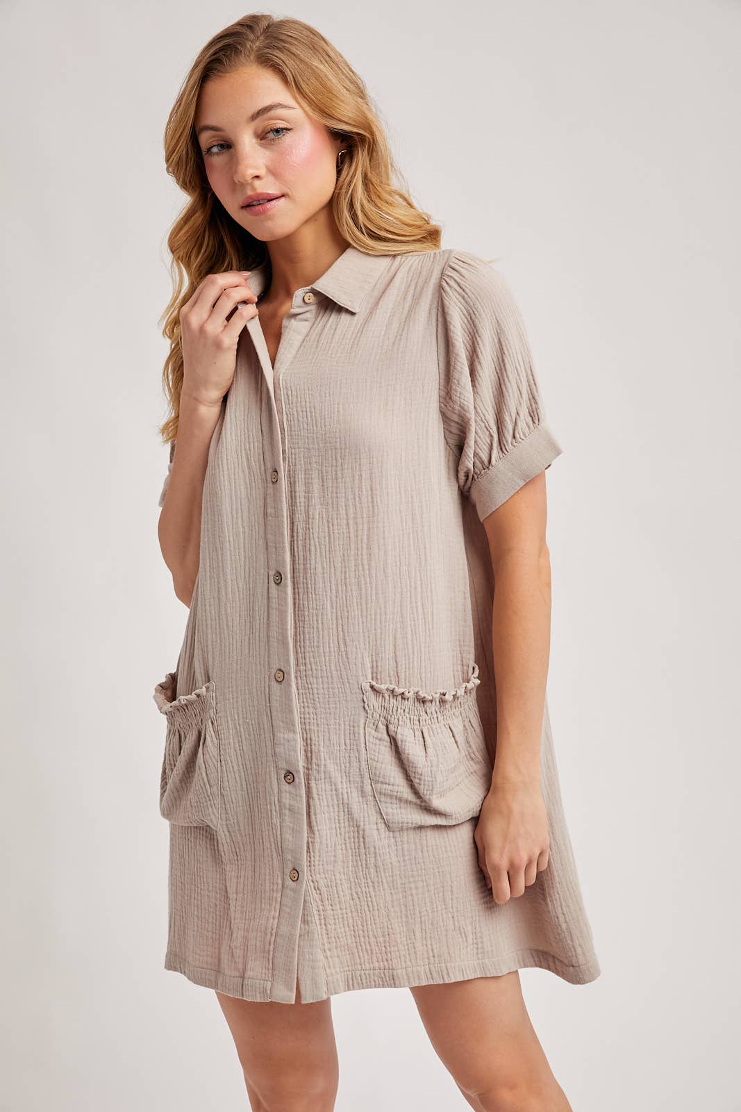 RUFFLED POCKET BUTTON DOWN SHIRT DRESS