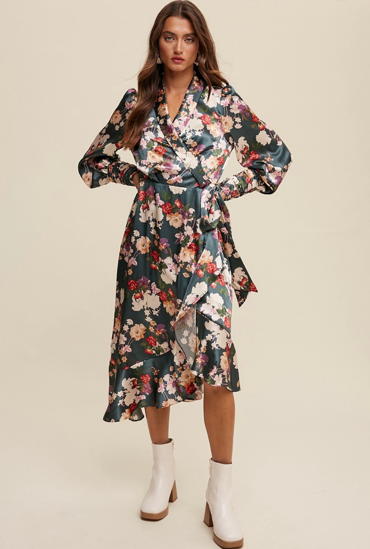 SATIN FLORAL WRAP DRESS