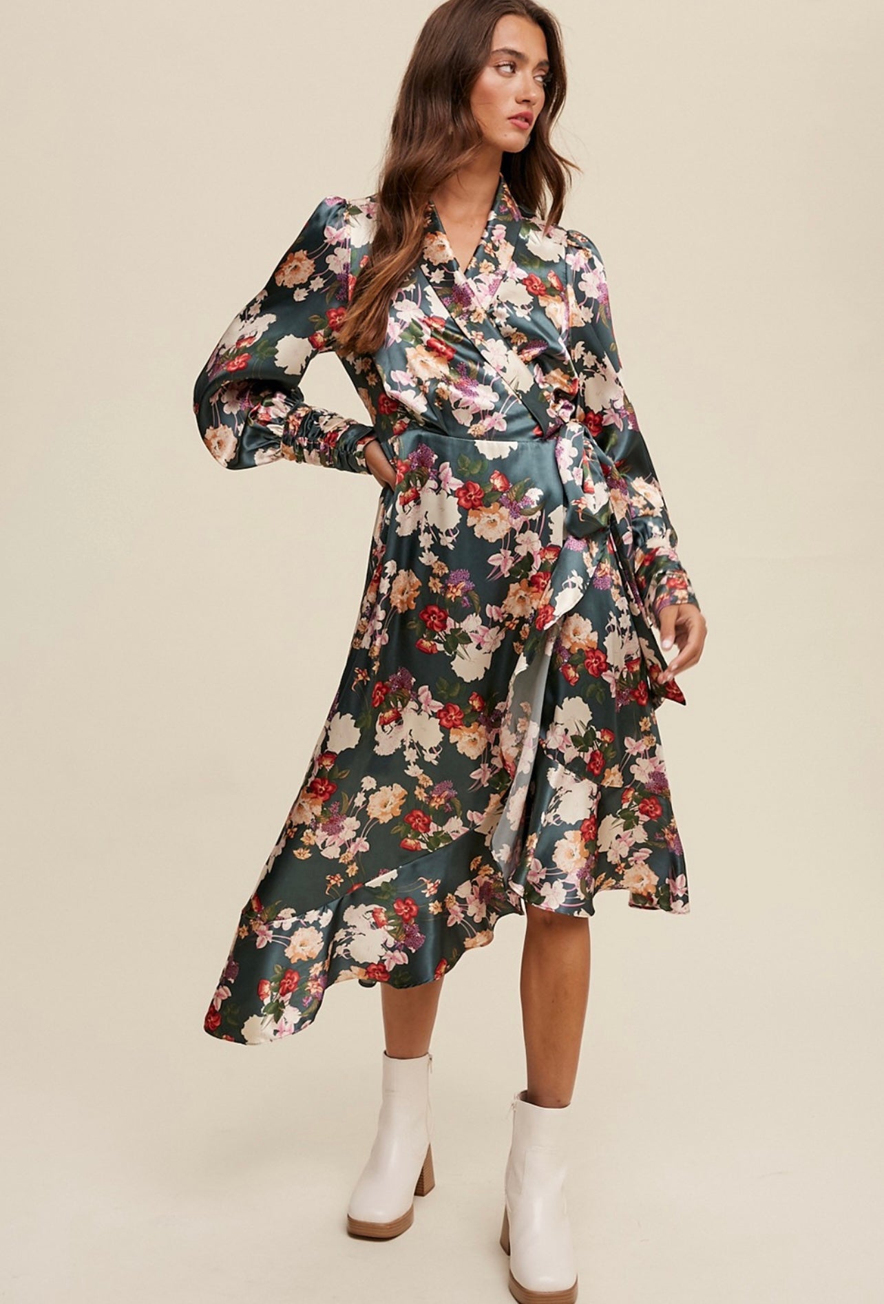 SATIN FLORAL WRAP DRESS