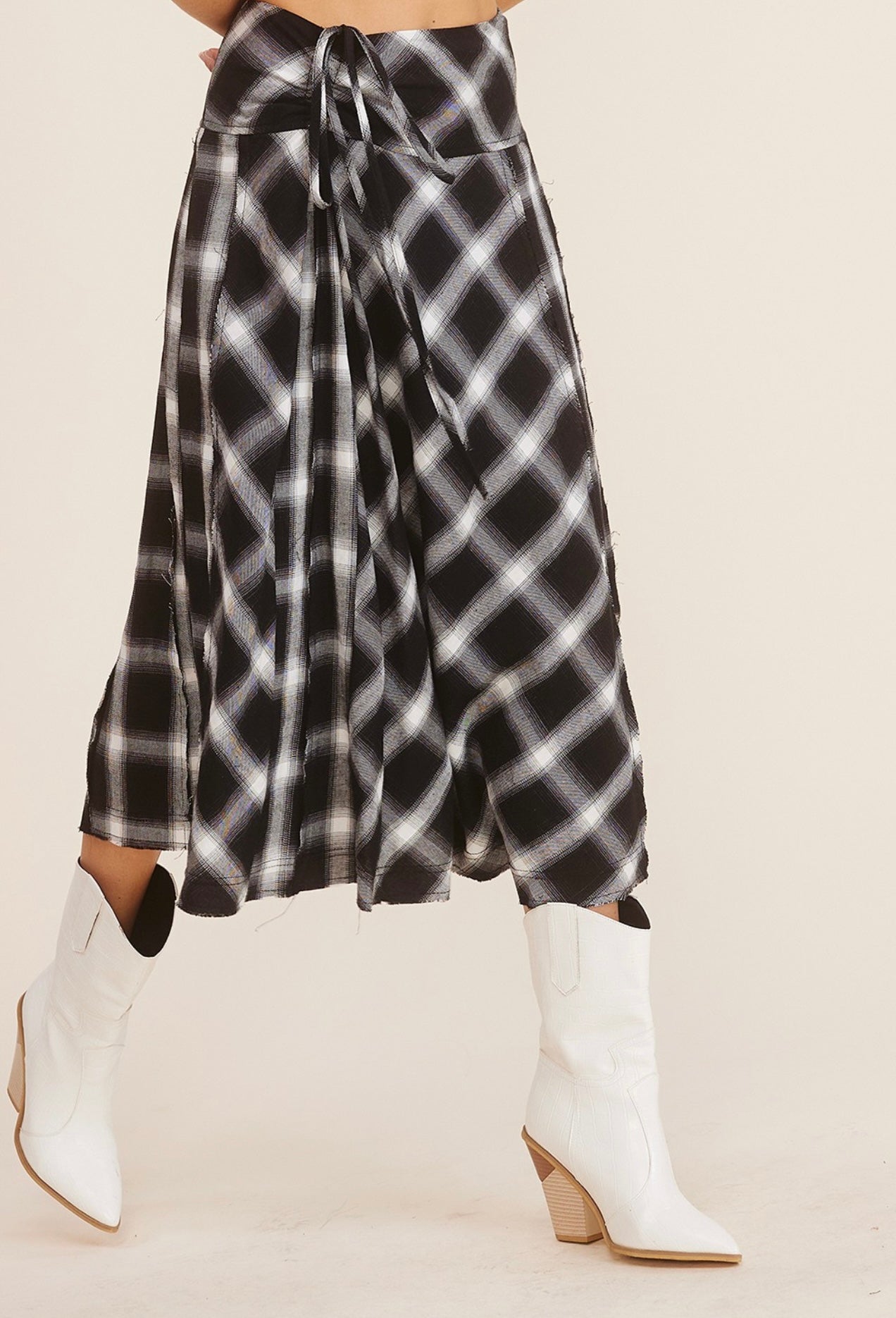 WAIST KNOT PLAID MIDI SKIRT