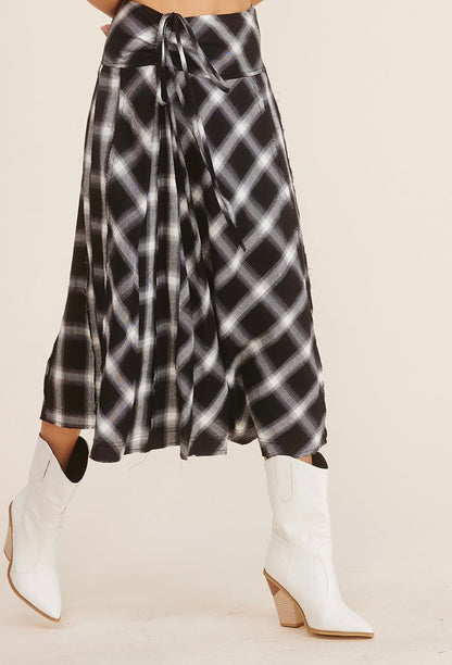 WAIST KNOT PLAID MIDI SKIRT