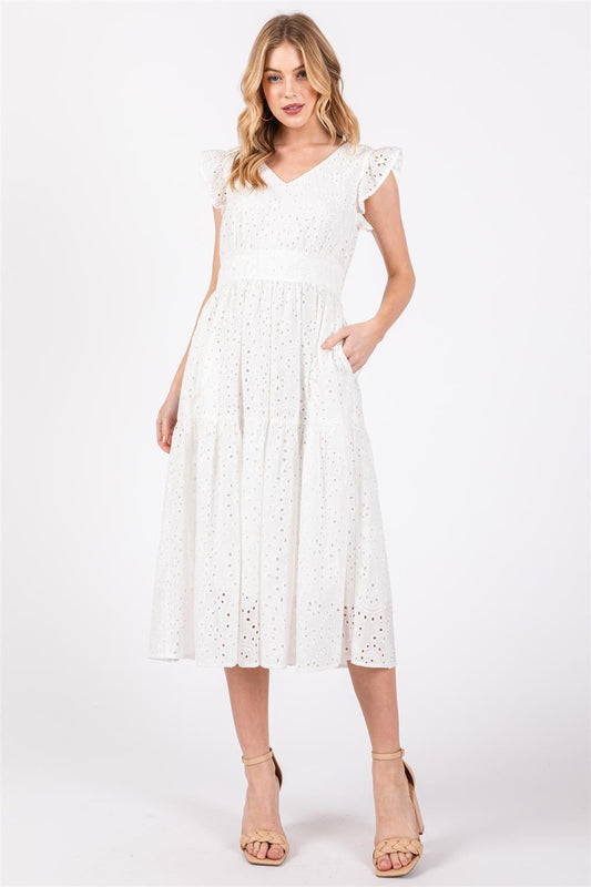 EYELET FLUTTER SLEEVE DRESS