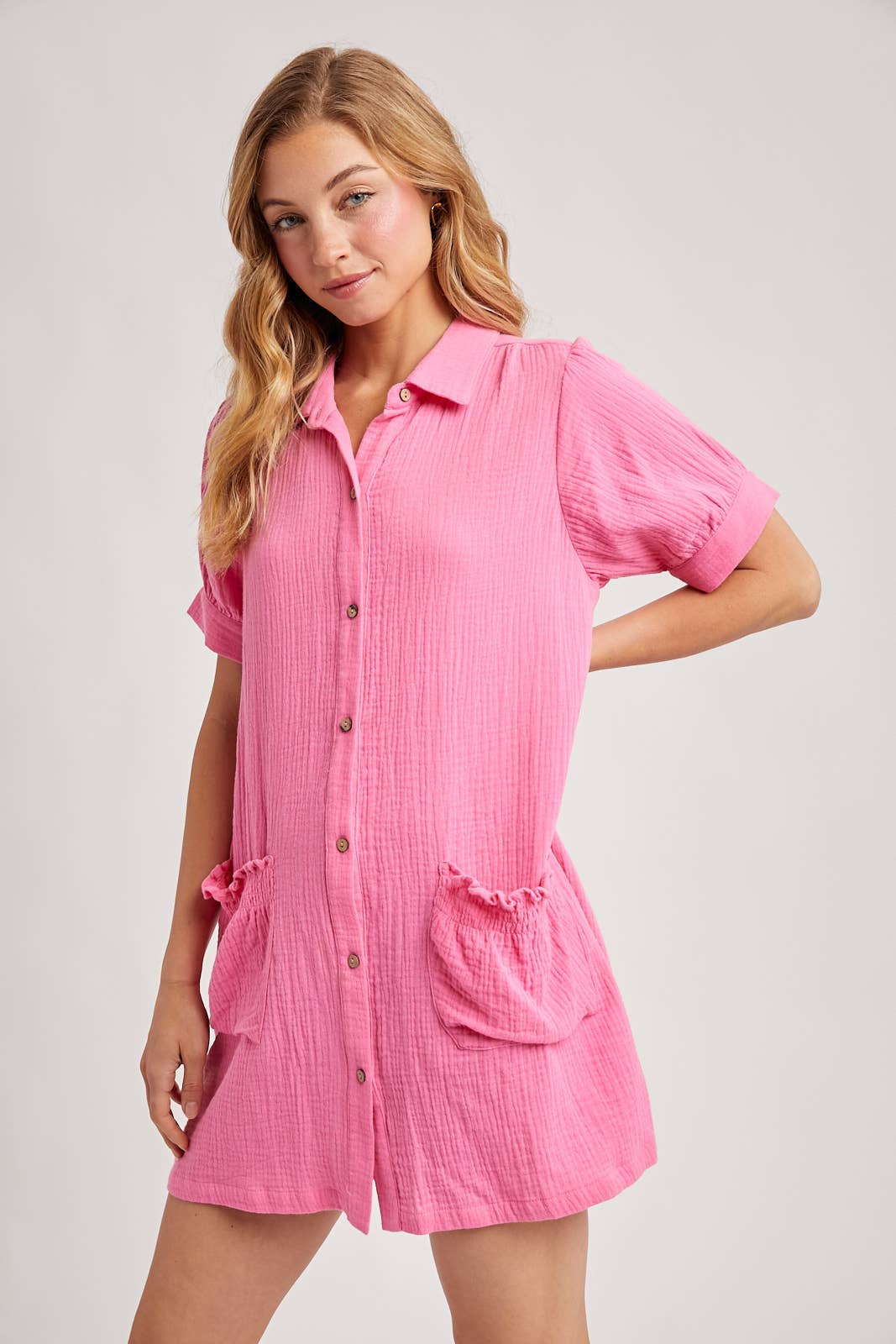 RUFFLED POCKET BUTTON DOWN SHIRT DRESS