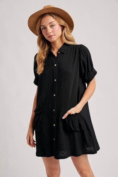 RUFFLED POCKET BUTTON DOWN SHIRT DRESS
