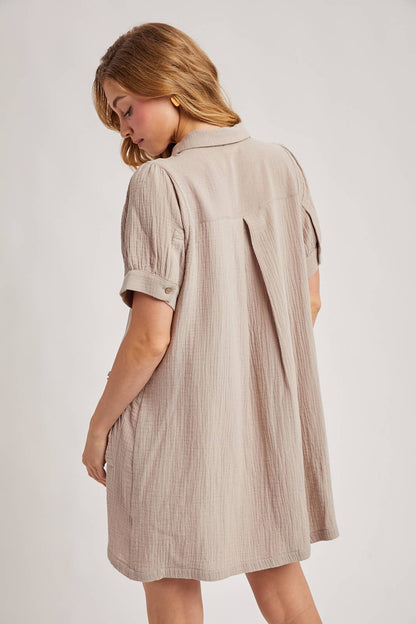RUFFLED POCKET BUTTON DOWN SHIRT DRESS