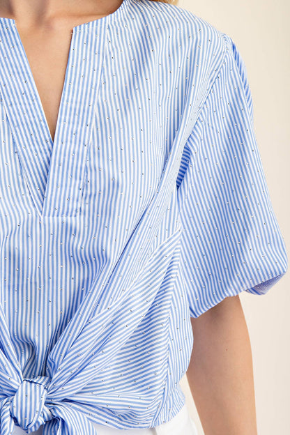 TIE FRONT BUBBLE SLEEVE BLOUSE