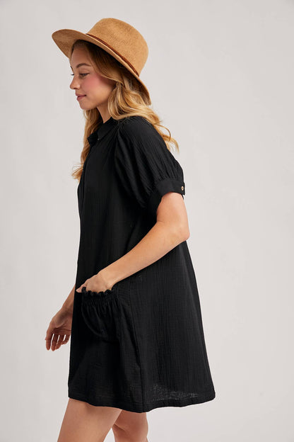 RUFFLED POCKET BUTTON DOWN SHIRT DRESS