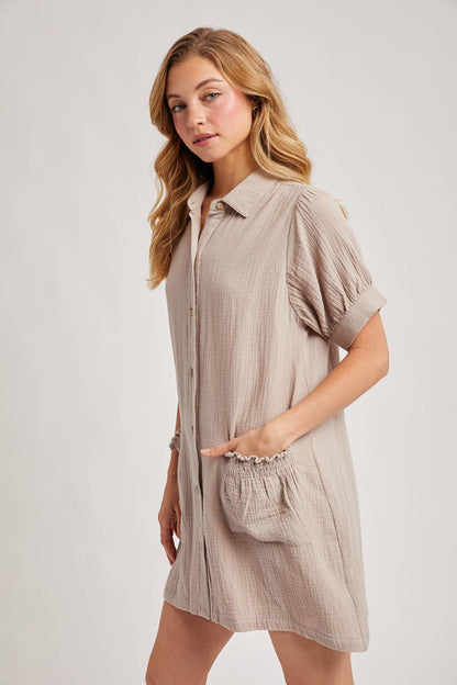 RUFFLED POCKET BUTTON DOWN SHIRT DRESS