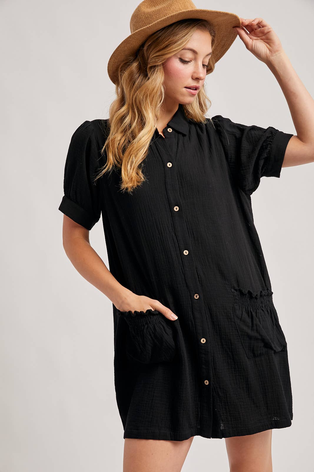 RUFFLED POCKET BUTTON DOWN SHIRT DRESS