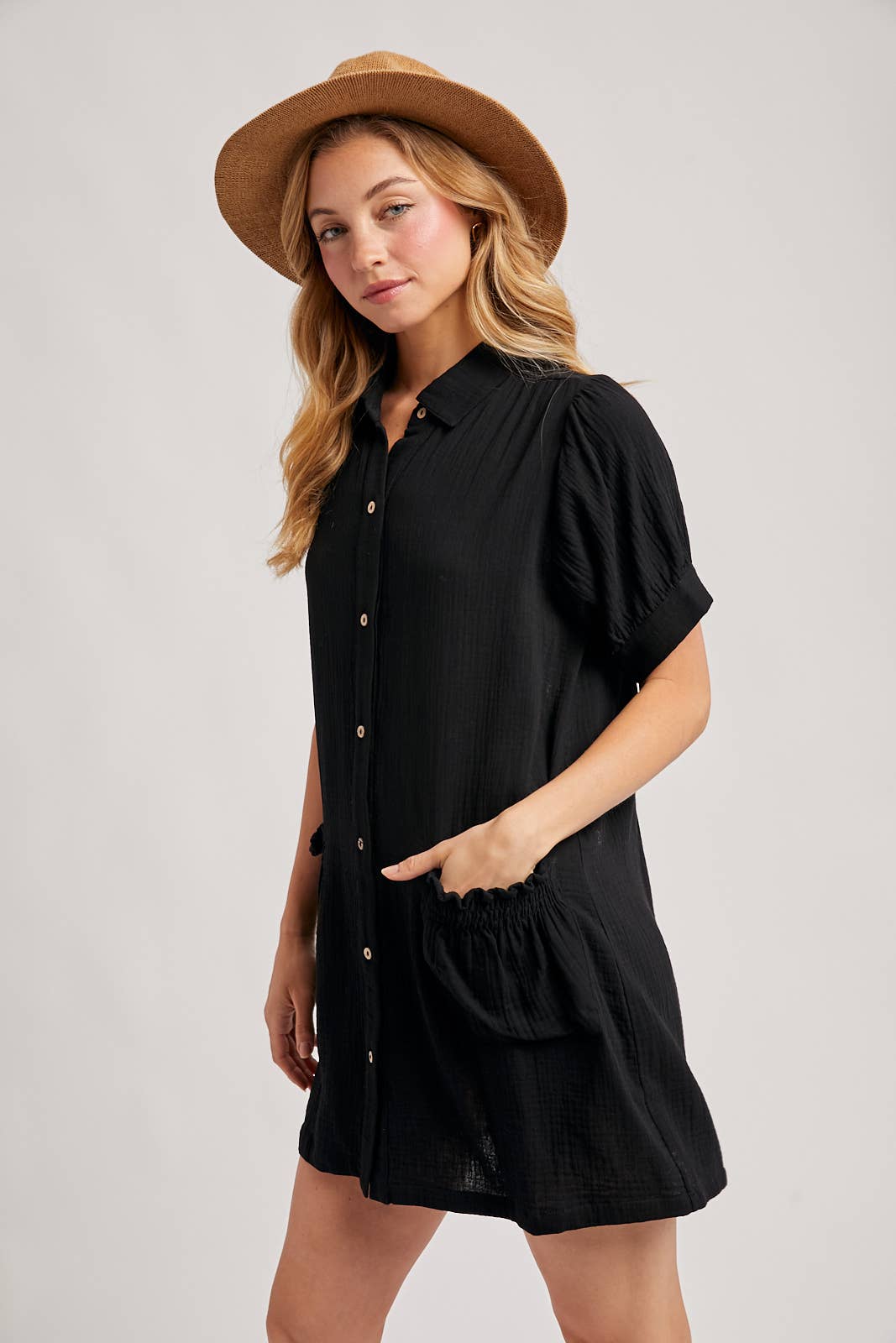 RUFFLED POCKET BUTTON DOWN SHIRT DRESS