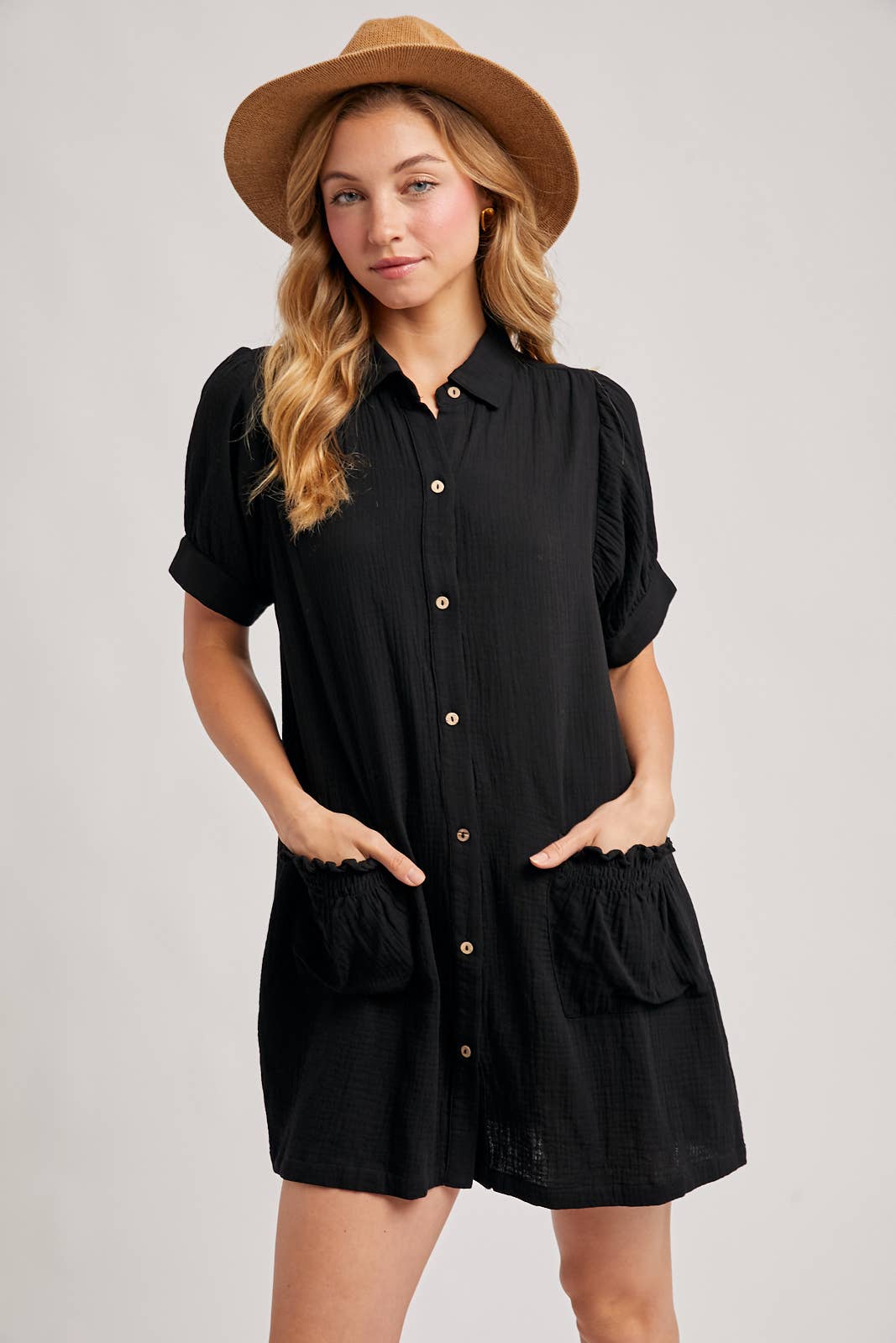 RUFFLED POCKET BUTTON DOWN SHIRT DRESS