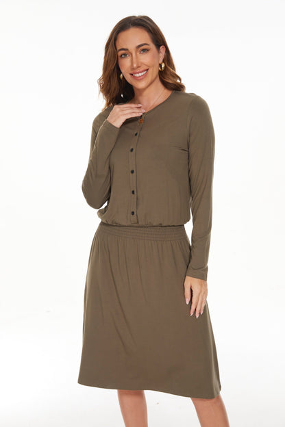 MM SMOCKED WAIST EVERYTHING DRESS LONG SLEEVES - OLIVE GREEN