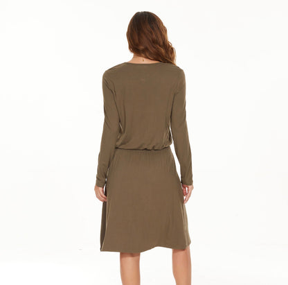 MM SMOCKED WAIST EVERYTHING DRESS LONG SLEEVES - OLIVE GREEN